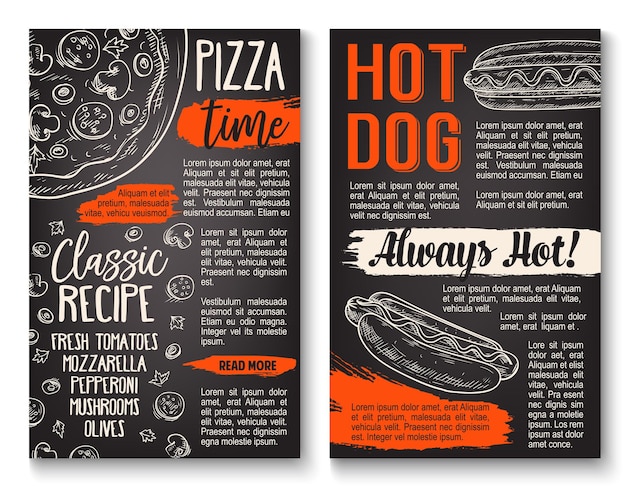 Fast food pizza en hotdog menu schoolbord poster