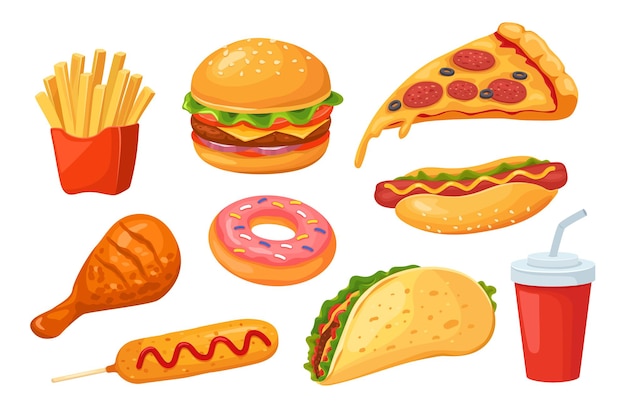 Fast food. pizza e hamburger, cola e hot dog, pollo e ciambella, sandwich e corn dog. insieme di fastfood del fumetto isolato.