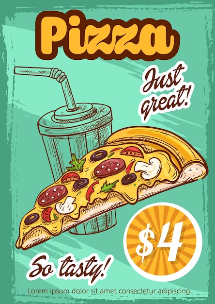 Fast food pizza menu vector sketch poster