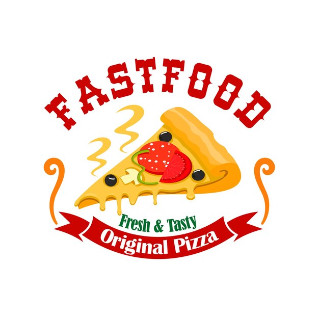 Fast food pizza slice vector label