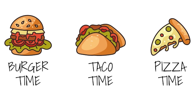 Fast food pizza taco burger sandwich line art hand drawn isolated set graphic design