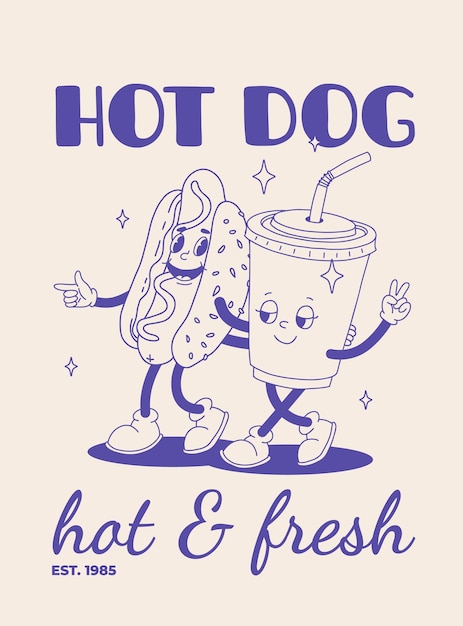 Poster fast food blu su beige illustrazione retro groovy con personaggi dello street food brochure