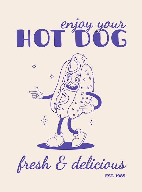 베이지색의 패스트 푸드 포스터 파란색 길거리 음식 캐릭터가 포함된 복고풍 멋진 그림 브로셔