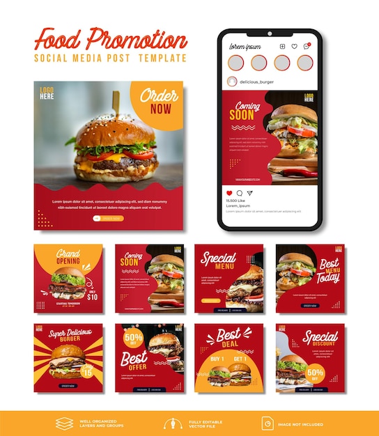 Modello di bundle di post sui social media per la promozione di fast food