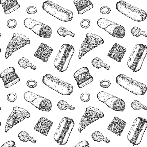 Vector fast food realistic hand drawn illustrations seamless pattern, isolated sketched pattern.