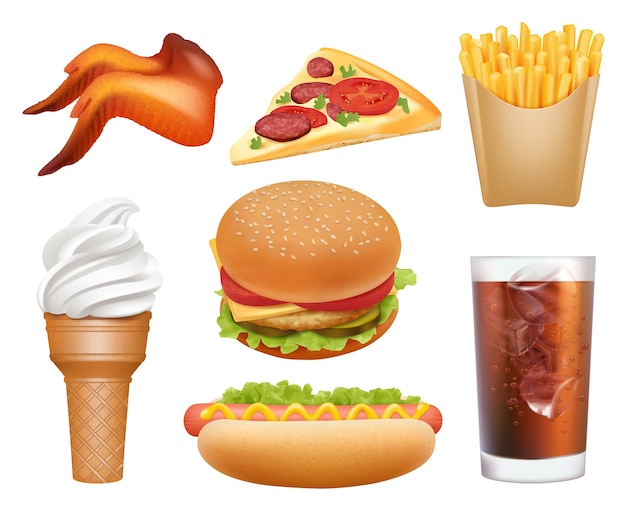 Vettore fast food realistico. pranzo pizza pollo hamburger hot dog bevande patatine fritte vettore spazzatura cibo immagini. hamburger e pranzo fast food, illustrazione di pizza pasto