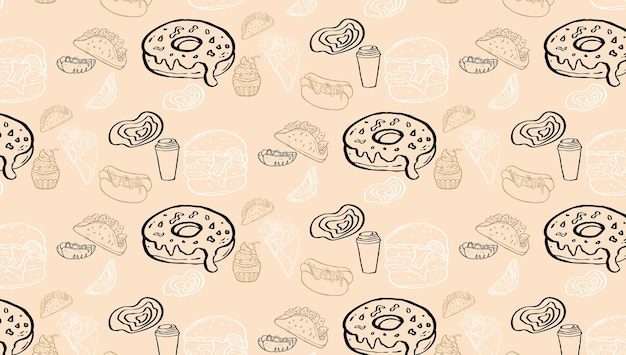 Fast Food Related Seamless Pattern and Background with Line Icons Editable Stroke Junk Food Related