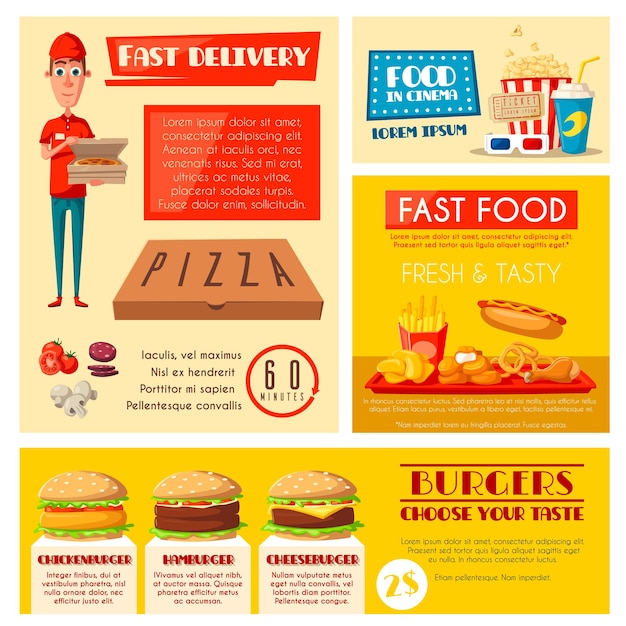 Vector fast food restaurant banner met maaltijd en drankje