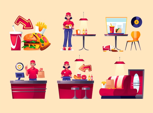 Vector fast food restaurant cartoon mini composition set