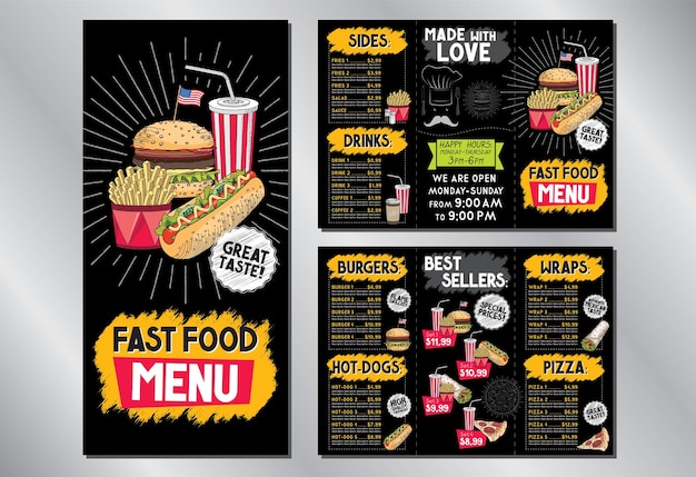 Vettore modello di menu del volantino del ristorante fast food