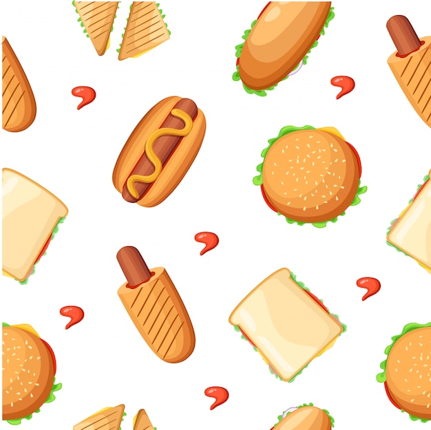 Raccolta di icone colorate del menu del ristorante fast food con ketchup di pollo pizza hot dog e illustrazione di milkshake pagina del sito web ed elemento di app mobile.
