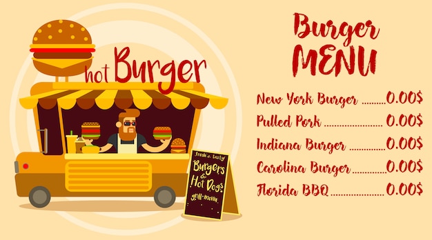 Vector fast food restaurant menu design.  fast food truck with a big burger.