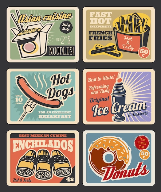 Vector fast food restaurant menu retro posters