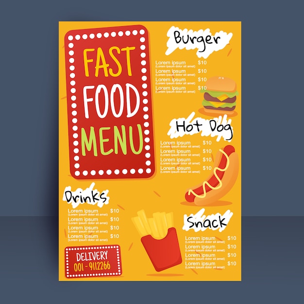 Modello di menu del ristorante fast food