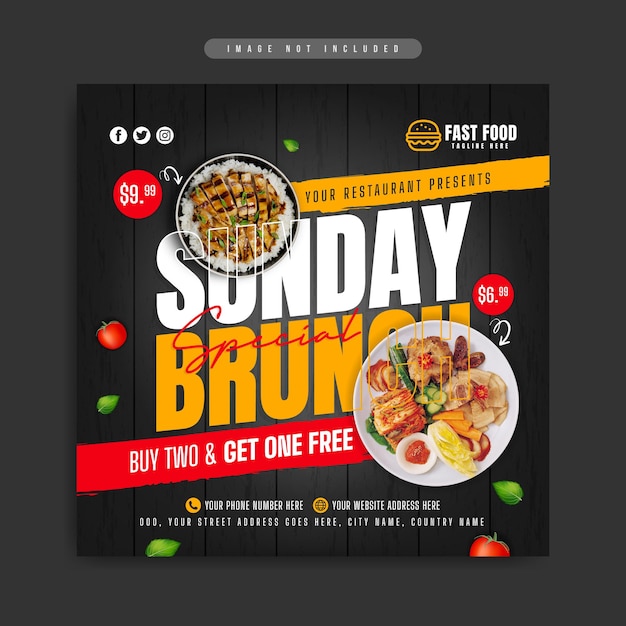 Modello di post di banner di social media per la promozione della vendita del brunch della domenica del ristorante fast food