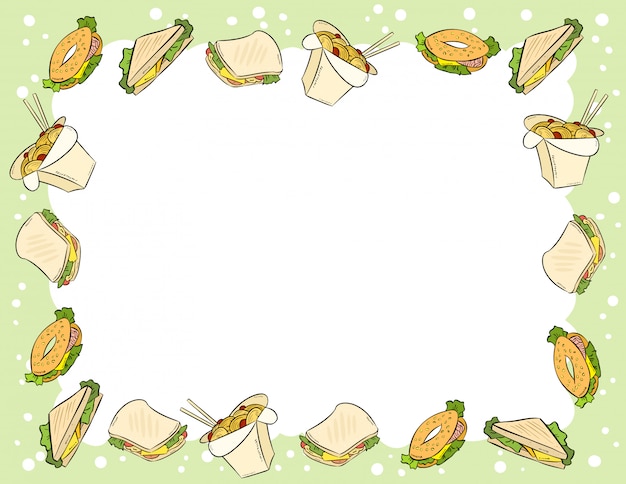 Fast food and sandwiches in comic style doodles top view frame