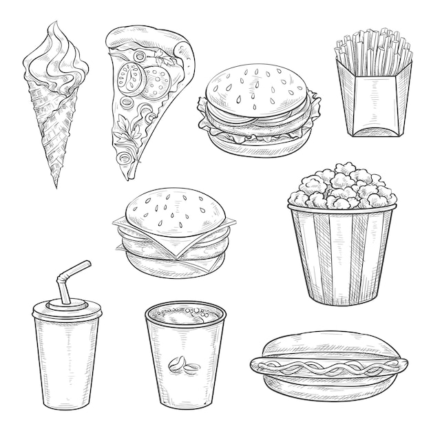 Vector fast food sandwiches drink and dessert sketch