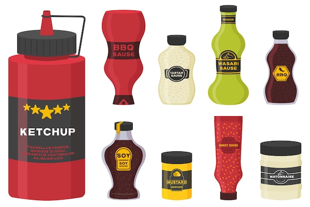 Fast food sauce mayonnaise ketchup mustard set of bottles with sauces soy wasabi bbq flat vector