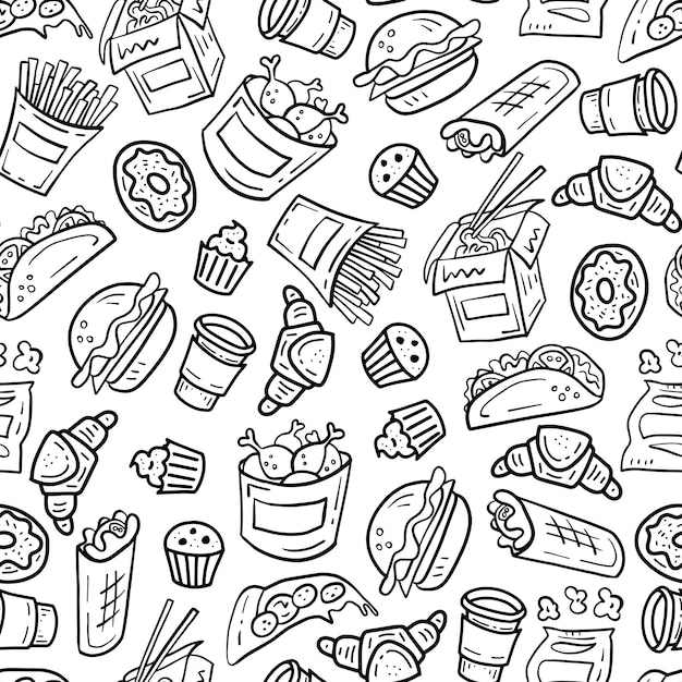 Vector fast food seamless background in cartoon doodle style