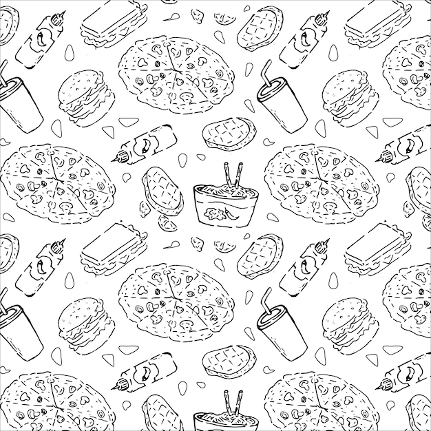 Vector fast food seamless background with pizza and beef