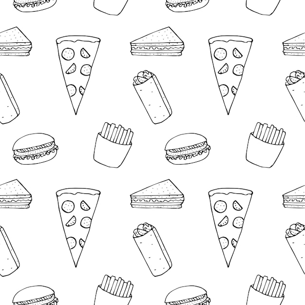 Illustrazione di vettore del modello senza cuciture di fast food, disegno a mano