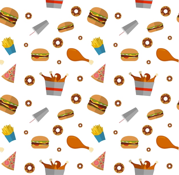 Fast food seamless pattern with hamburger, cheeseburger, fried chicken, french fries, pizza, donut.
