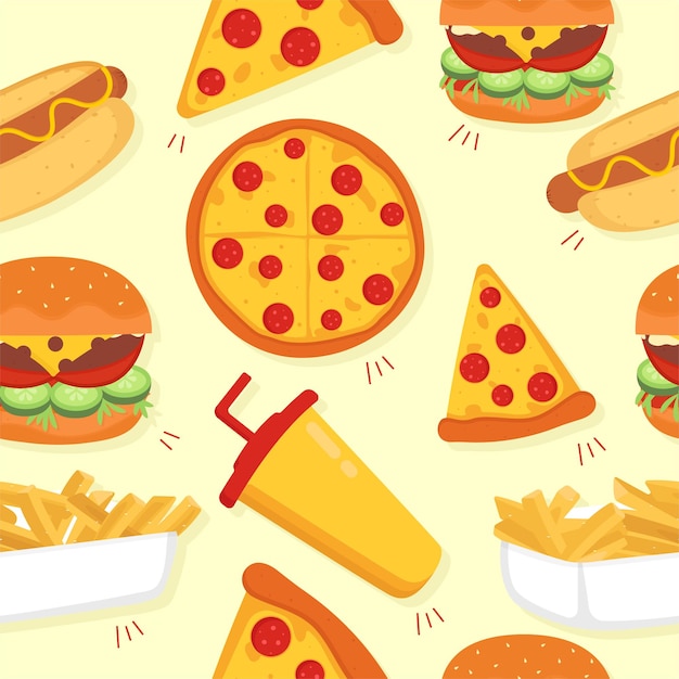 벡터 패스트 푸드는 피자, 버거, 감자튀김, 핫도그, 소다수와 함께 매끄러운 패턴입니다.
