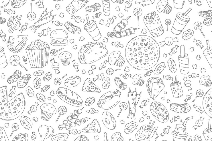 Vector fast food seamless pattern with vector line icons of hamburger pizza hot dog cheeseburger restaurant menu background tasty unhealthy food