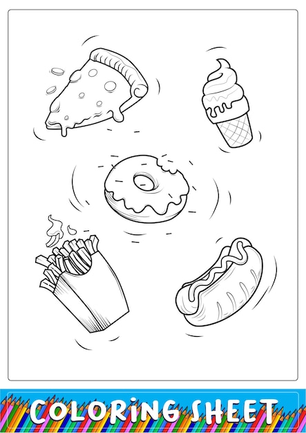 Fast food set cartoon vector coloring sheet