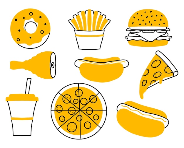 Set di fast food collezione di cibo di strada pizza hamburger hot dog patatine fritte ciambella drinkvector set clip art fast food pastostile doodle