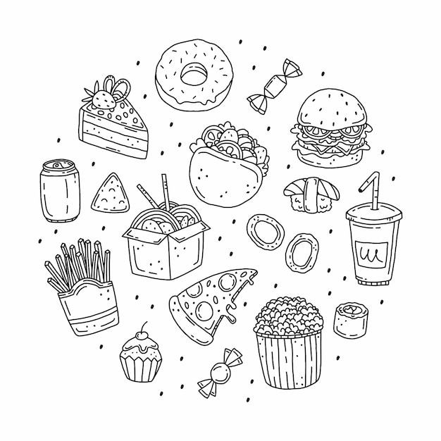 Fast food set in doodle style in the shape of a circle