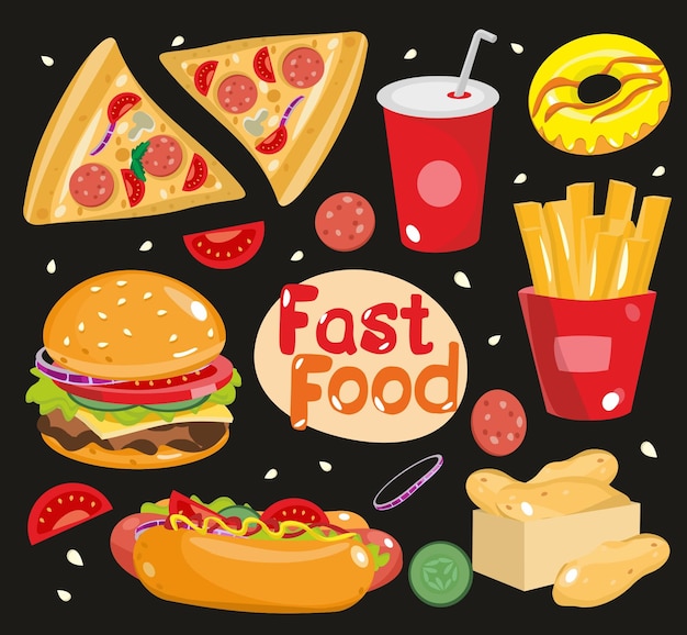 Vettore fast food set hamburger hot dog pizza ciambella cola patatine fritte