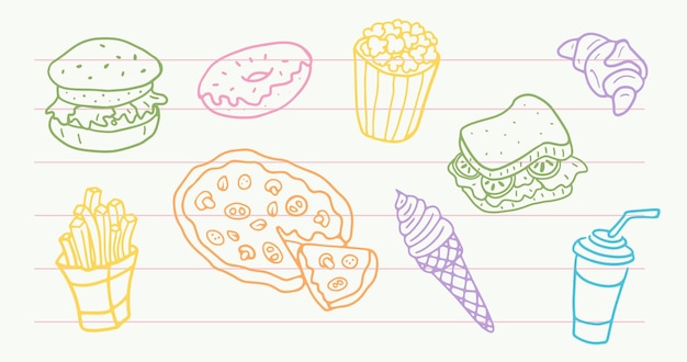 Fast Food Set in Doodle-stijl Handgetekende illustratie