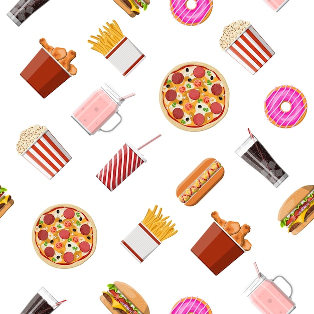 패스트 푸드 세트 완벽 한 패턴입니다. 버거 피자, 핫도그, 프라이드 치킨, 감자 튀김, 팝콘, 도넛, 밀크 칵테일 콜라 소다, 아이스크림, 종이 유리. 패스트 푸드. 평면 스타일의 벡터 일러스트 레이 션