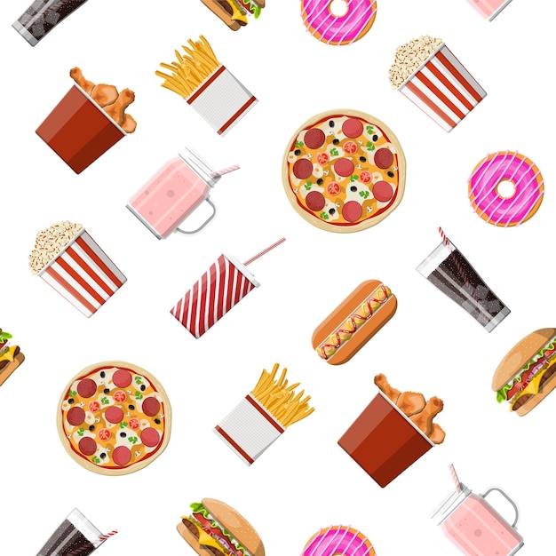 Modello senza cuciture stabilito degli alimenti a rapida preparazione. pizza hamburger, hot dog, pollo fritto, patatine fritte, popcorn, ciambella, cocktail al latte, cola soda, gelato, bicchiere di carta. fast food. illustrazione vettoriale in stile piatto