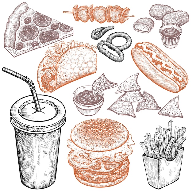 Vettore set di fast food. modello per la progettazione del menu. illustrazione vettoriale.
