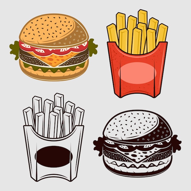 Набор векторных объектов быстрого питания: картофель фри и бургер в двух стилях: цветной и черно-белый