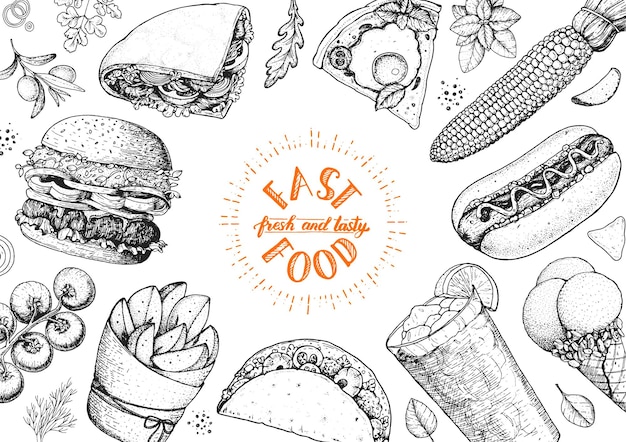 Raccolta di schizzi di fast food illustrazione vettoriale set di cibo spazzatura illustrazione di stile inciso cornice di visualizzazione dall'alto di fast food