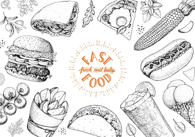 Vector fast food sketch collection vector illustration junk food set engraved style illustration fast food top view frame