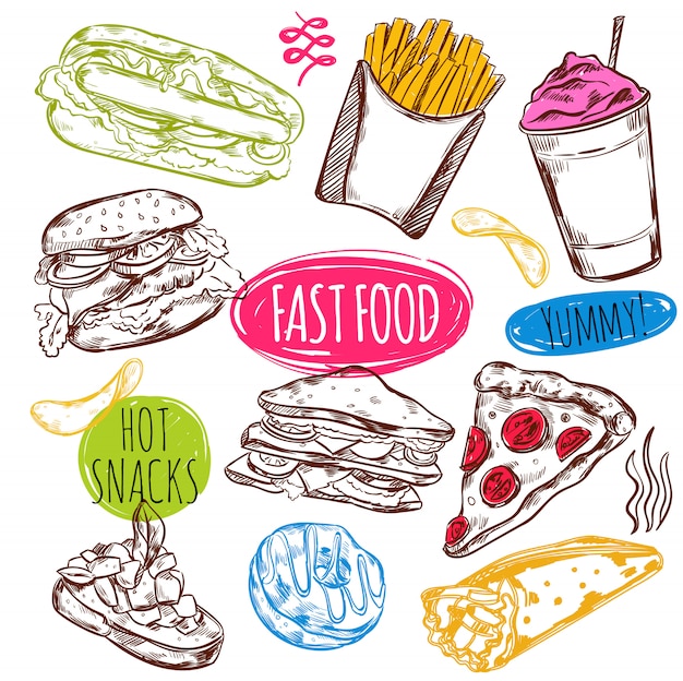 Vector fast food sketch set