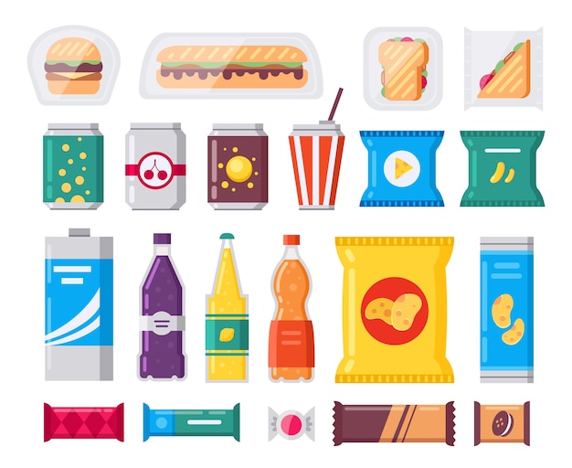 Fast food snack and drink pack, icons set in flat style. Vending products collection. Snacks, drinks, chips, cracker, coffee, sandwich isolated on white background.