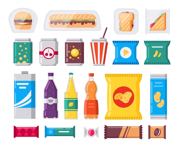 Pacchetto snack e bevande per fast food, impostato in stile piatto. collezione di prodotti di vendita. snack, bevande, patatine, cracker, caffè, sandwich isolato su sfondo bianco.