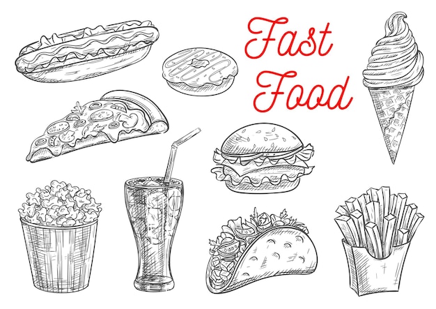 Vector fast food snacks and desserts sketch