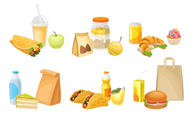 Fast Food Snacks and Drinks Isolated on White Background Vector Set