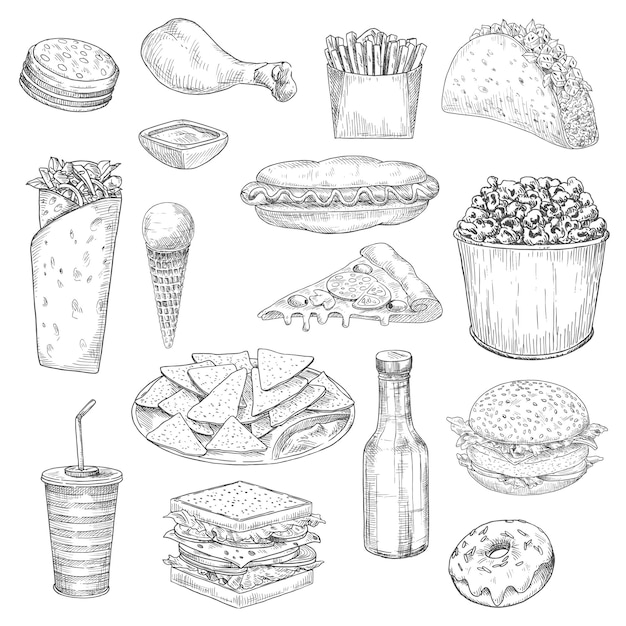 Fast food snacks and drinks sketch vector icons