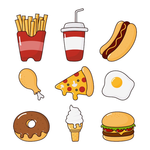 Fast food snacks icons set. drinks and dessert isolated on white.