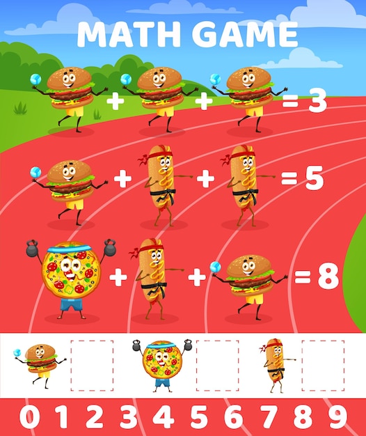 Fast food sportsman characters math game puzzle