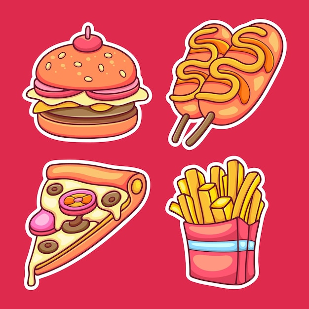 Fast Food Sticker Icons Hand Drawn Coloring Vector
