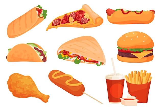 Fast food Street food Fast and tasty food preparation in mass cafes and restaurants Vector illustration