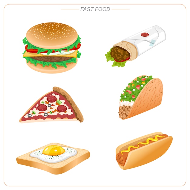 Vettore fast food come hamburger, pizza, taco, hot dog, burrito e toast di uova. mangiare malsano.